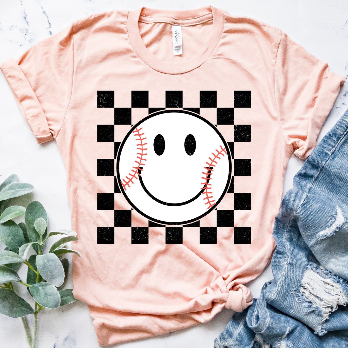 Baseball Happy Face Checked Tee