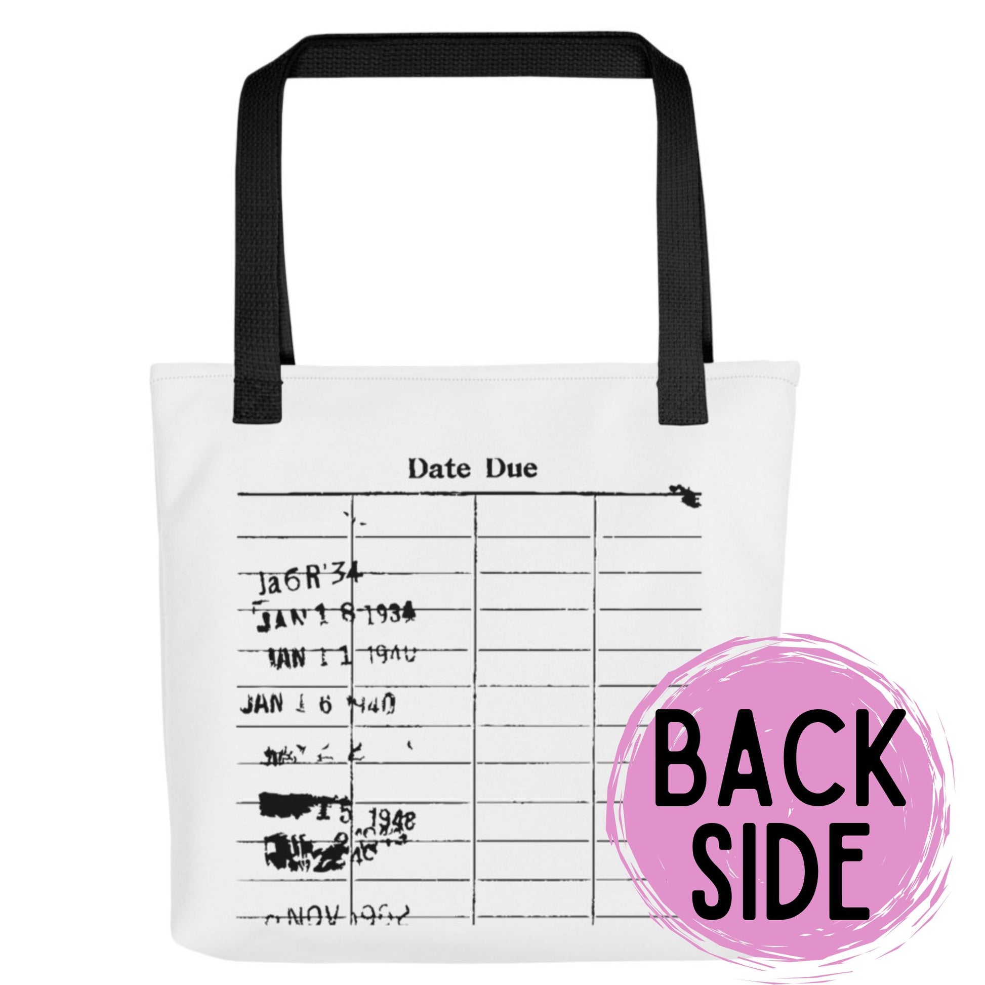 a white tote bag with black handles and a pink circle with the date due