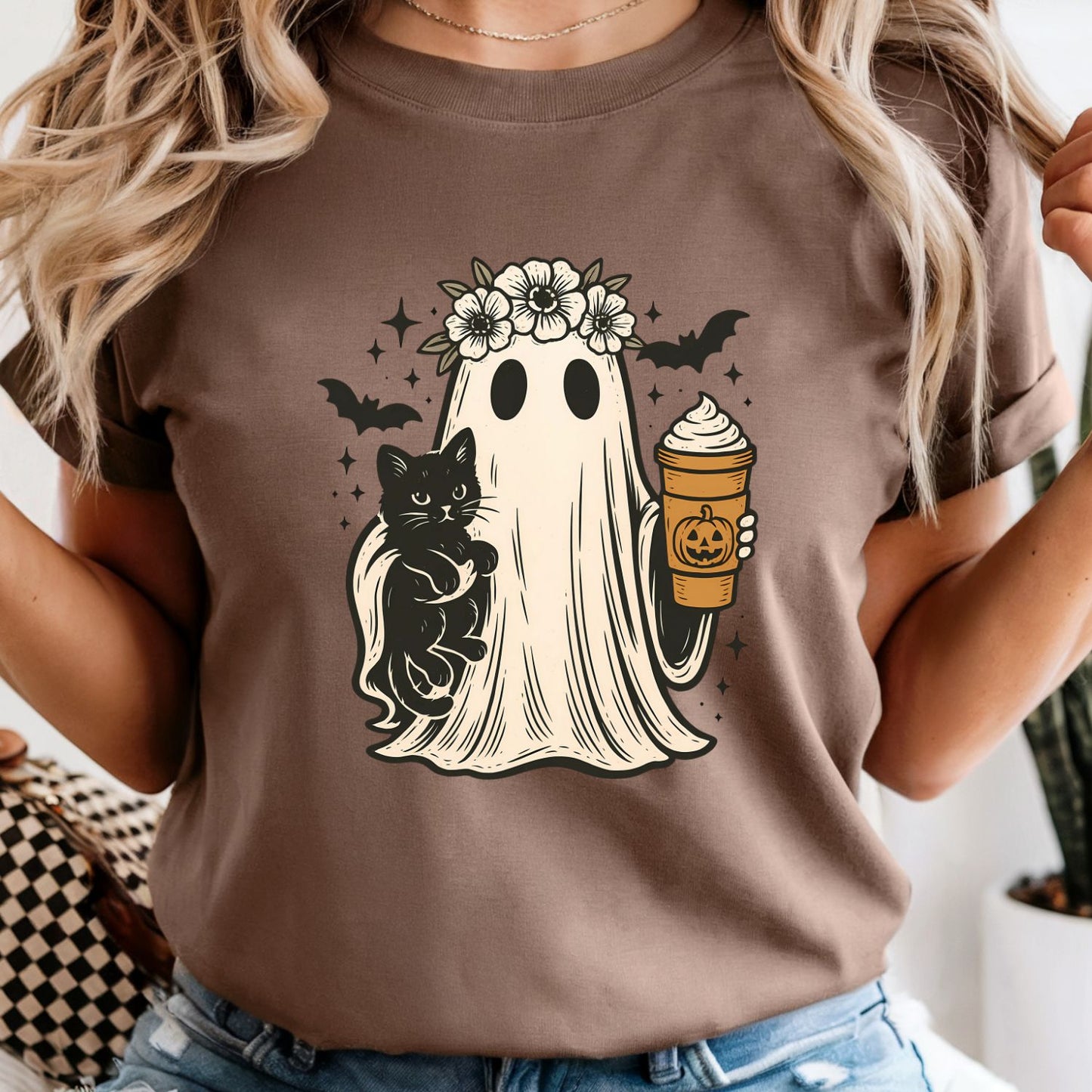 Ghost with a Cat and Pumpkin Spice Coffee - Comfort Colors Tee or Sweatshirt