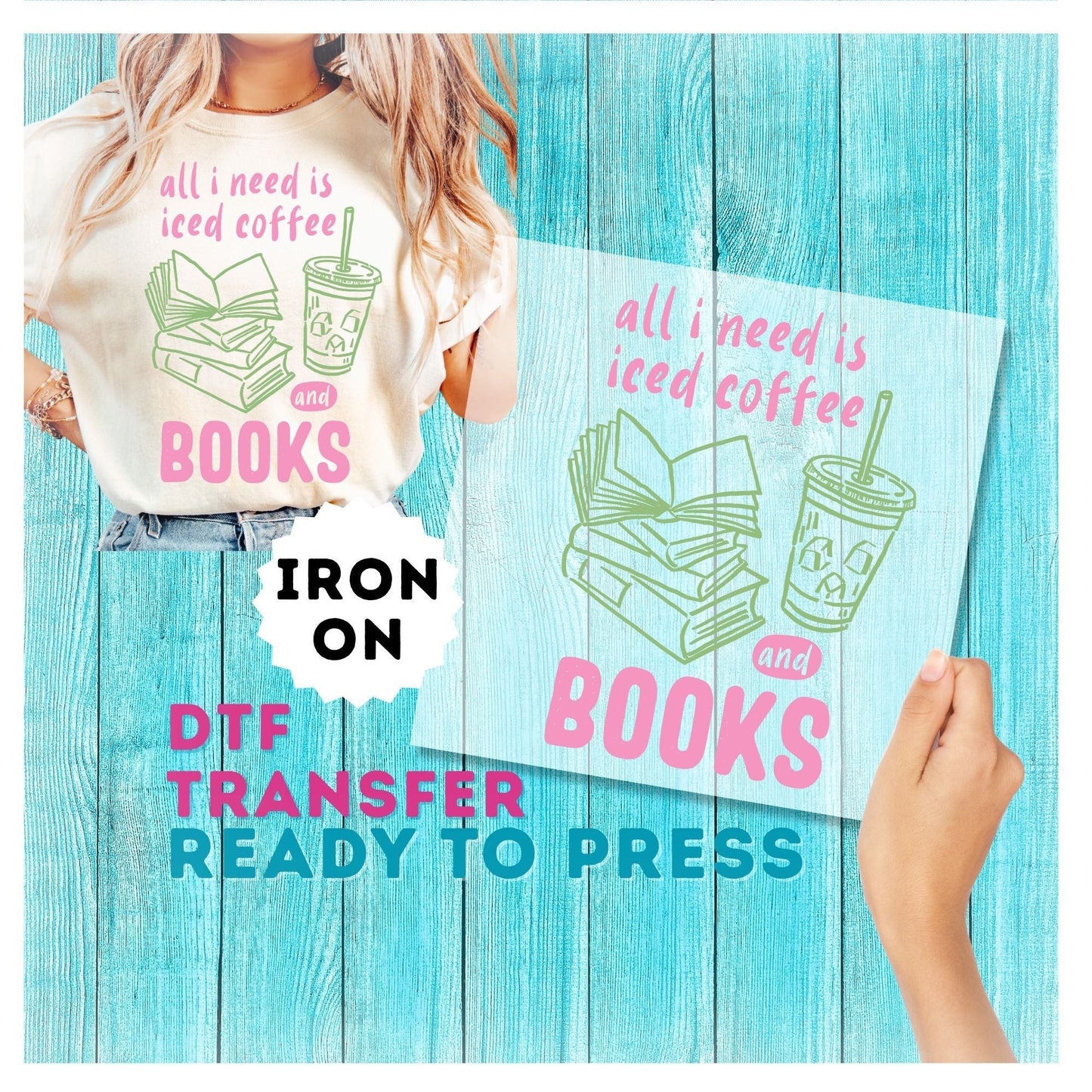 Iced Coffee and Books DTF Transfer