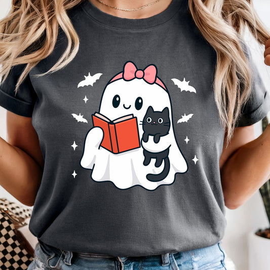 Ghost Reading a Book and Holding Cat - Comfort Colors Tee or Sweatshirt