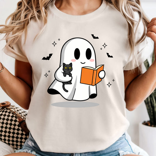 Ghost Reading a Book and Holding Cat - Comfort Colors Tee or Sweatshirt