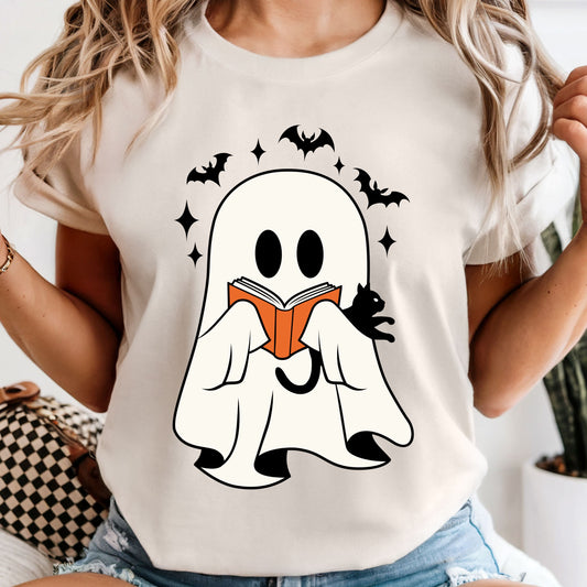 Ghost Reading a Book and Holding Cat - Comfort Colors Tee or Sweatshirt