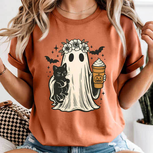 Ghost with a Cat and Pumpkin Spice Coffee - Comfort Colors Tee or Sweatshirt
