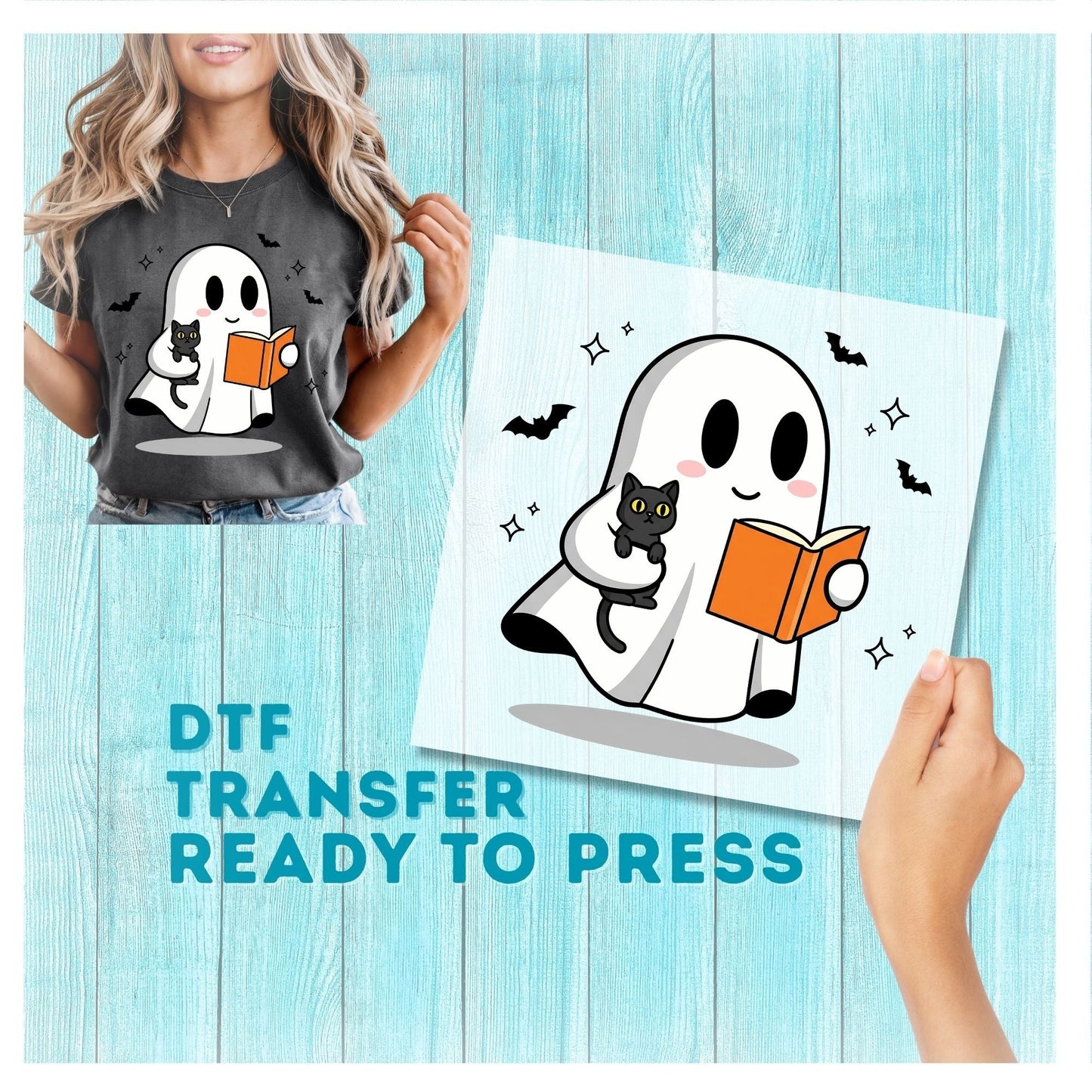 Ghost and Cat Reading a Book Halloween DTF Transfer