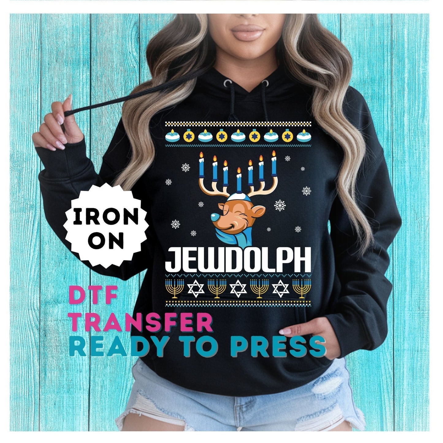 Jewdolph Hanukkah Ugly Sweater Party DTF Transfer