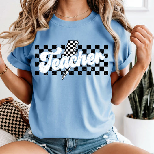Checkered Lightning Bolt Teacher Tee - Comfort Colors Tee